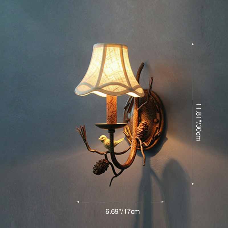 Vintage Fabric Bird Pinecone Resin 1/2 Light Wall Sconce Lamp