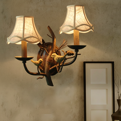 Vintage Fabric Bird Pinecone Resin 1/2 Light Wall Sconce Lamp