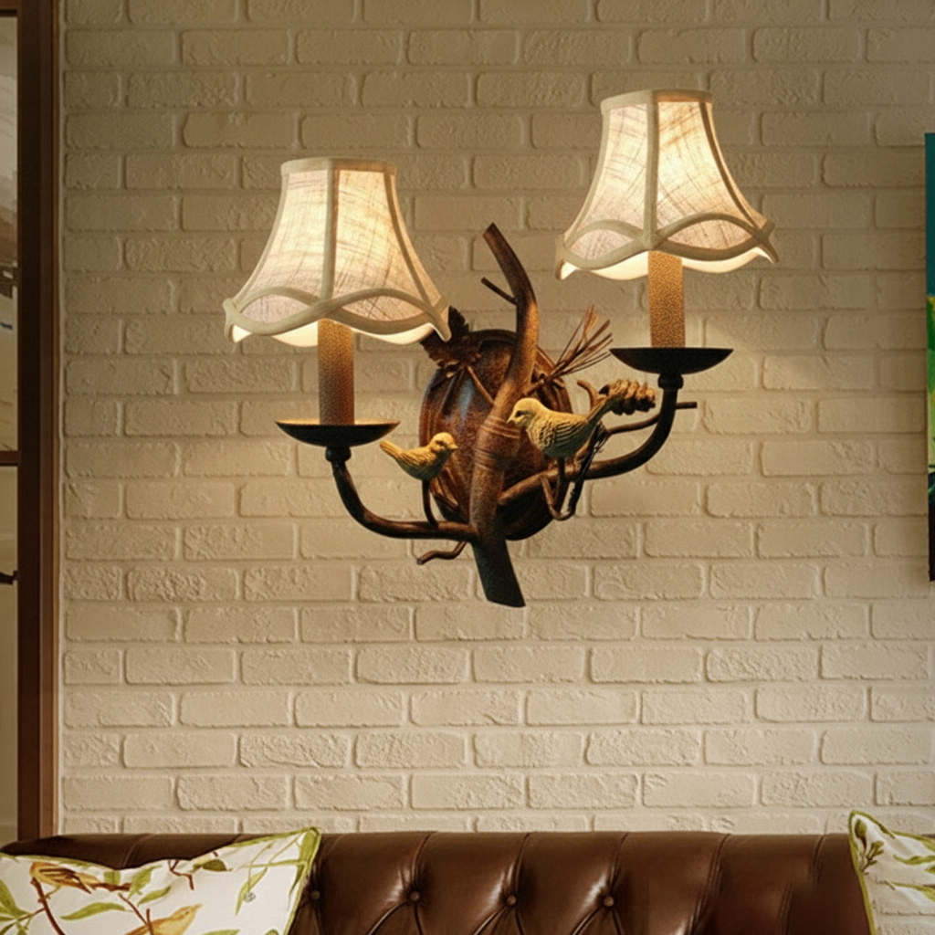 Vintage Fabric Bird Pinecone Resin 1/2 Light Wall Sconce Lamp