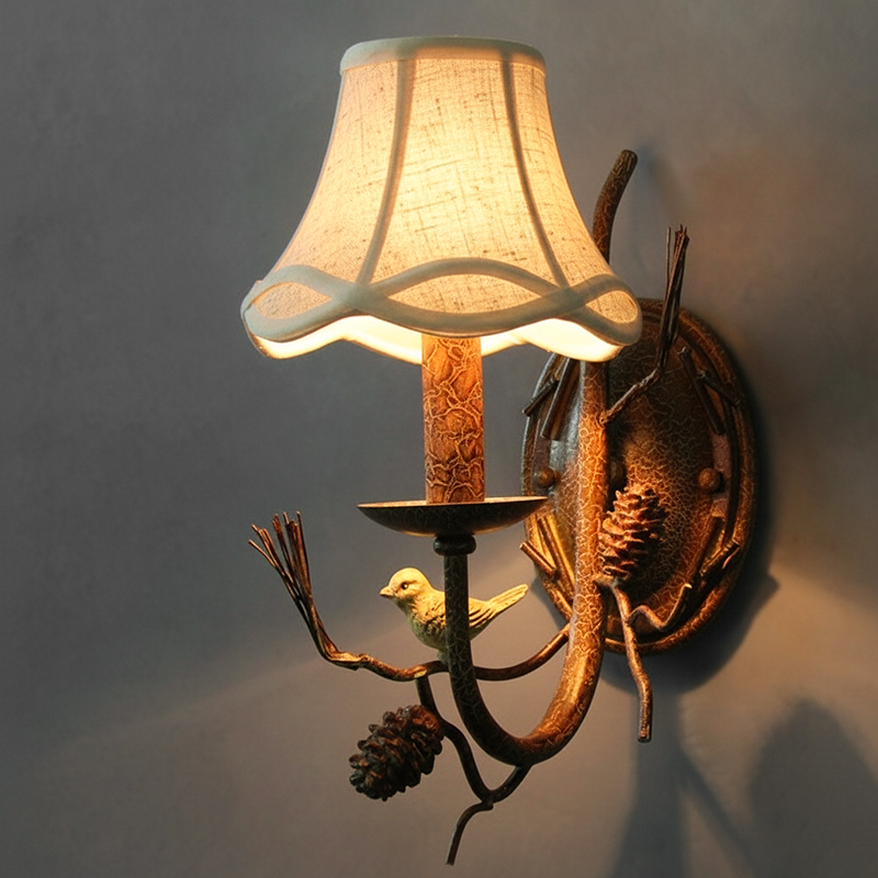 Vintage Fabric Bird Pinecone Resin 1/2 Light Wall Sconce Lamp
