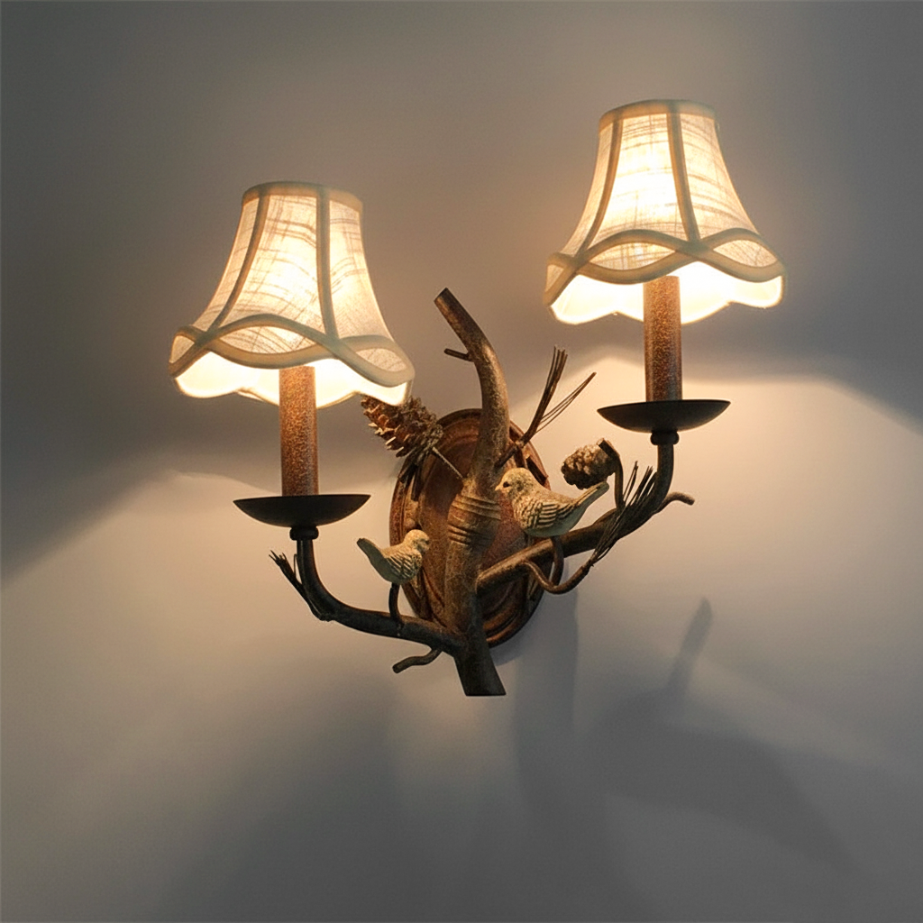 Vintage Fabric Bird Pinecone Resin 1/2 Light Wall Sconce Lamp