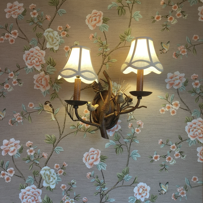 Vintage Fabric Bird Pinecone Resin 1/2 Light Wall Sconce Lamp