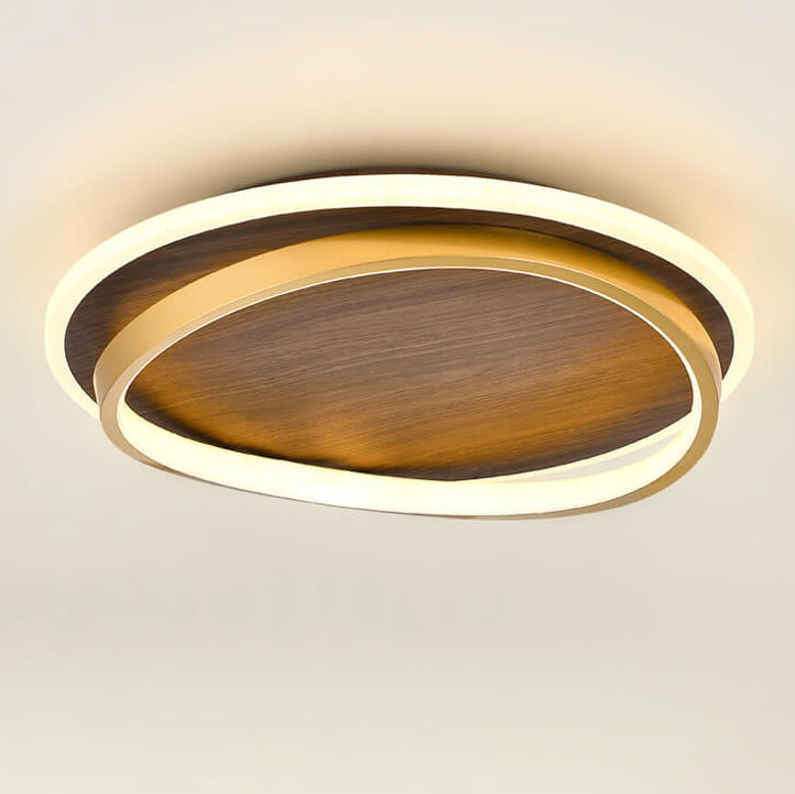 Nordic Minimalist Circular Walnut Grain LED Flush Mount Ceiling Light
