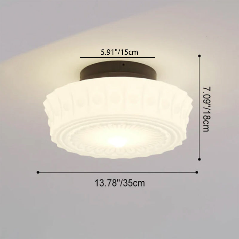 Traditional French Iron Glass Stripes Round Drum LED Semi-Flush Mount Ceiling Light For Living Room & Bedroom