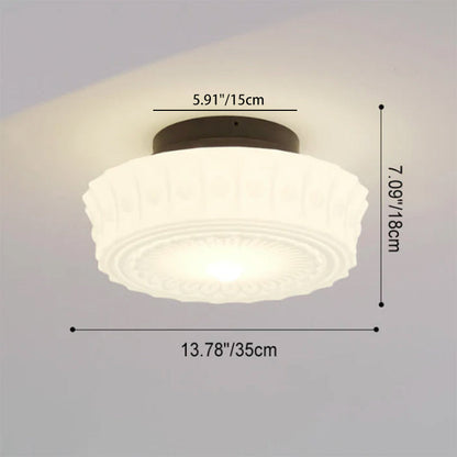 Traditional French Iron Glass Stripes Round Drum LED Semi-Flush Mount Ceiling Light For Living Room & Bedroom