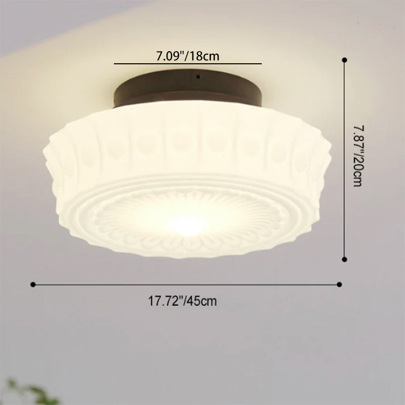 Traditional French Iron Glass Stripes Round Drum LED Semi-Flush Mount Ceiling Light For Living Room & Bedroom