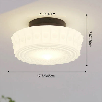 Traditional French Iron Glass Stripes Round Drum LED Semi-Flush Mount Ceiling Light For Living Room & Bedroom