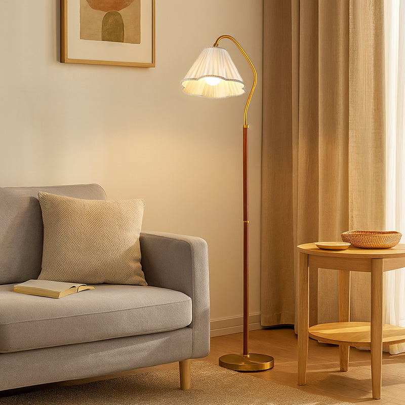 Japanese Vintage Flower Solid Wood Iron Fabric 1-Light Standing Floor Lamp