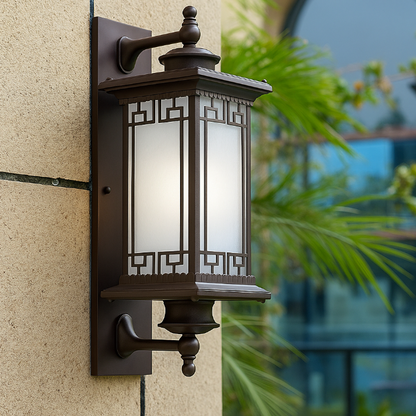 Traditional Chinese Square House Rectangle Glass Aluminum Hardware 1-Light Wall Sconce Lamp For Outdoor Patio