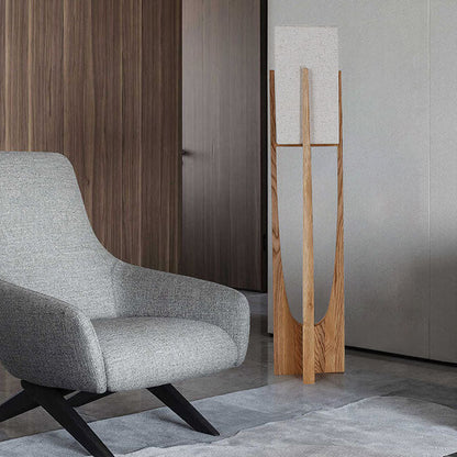 Modern Minimalist Copper Fabric Ash Wood Rectangular 1-Light Standing Floor Lamps For Living Room & Bedroom
