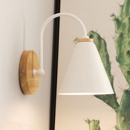 Modern Minimalist Cone Shade Wooden Base 1-Light Wall Sconce Lamp