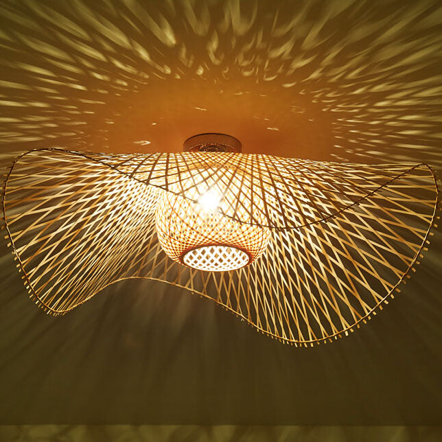 Traditional Japanese Weaving Bamboo 1-Light Semi-Flush Mount Ceiling Light For Bedroom