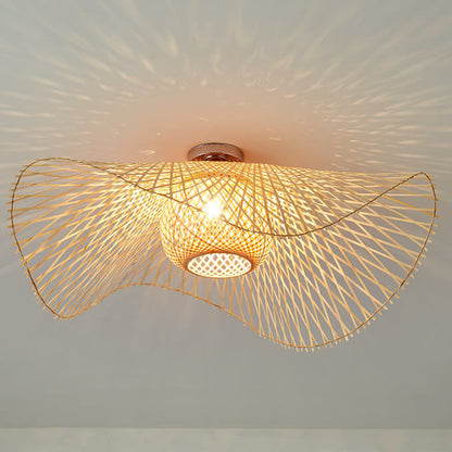 Traditional Japanese Weaving Bamboo 1-Light Semi-Flush Mount Ceiling Light For Bedroom