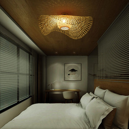 Traditional Japanese Weaving Bamboo 1-Light Semi-Flush Mount Ceiling Light For Bedroom