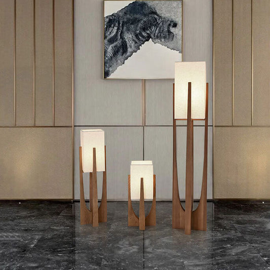 Modern Minimalist Copper Fabric Ash Wood Rectangular 1-Light Standing Floor Lamps For Living Room & Bedroom
