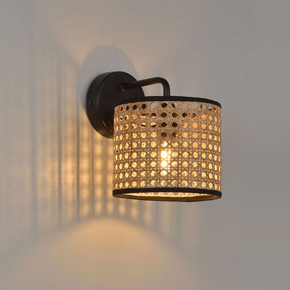 Modern Rattan Weaving Drum 1-Light Wall Sconce Lamp
