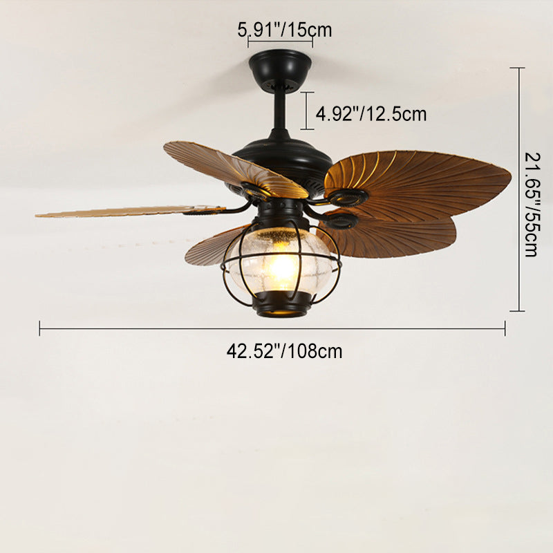 Traditional Rustic Lantern Banana Shaped Fan Leaf Iron Glass 1-Light Downrods Ceiling Fan Light For Living Room