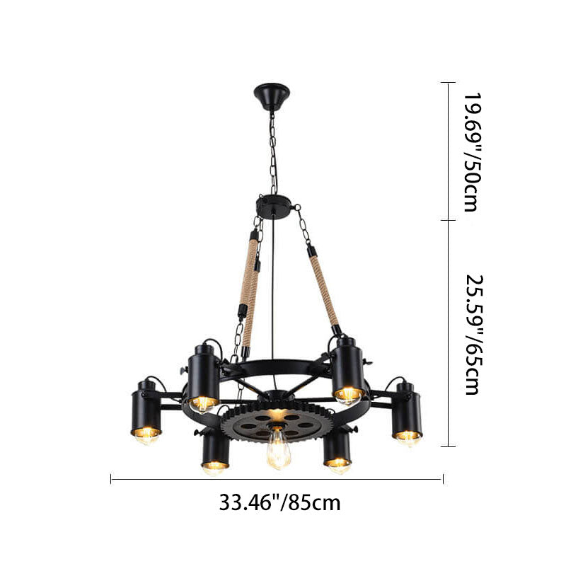 Contemporary Industrial Retro Gear Wrought Ion Hemp Rope 7/9/11-Light Chandelier For Living Room