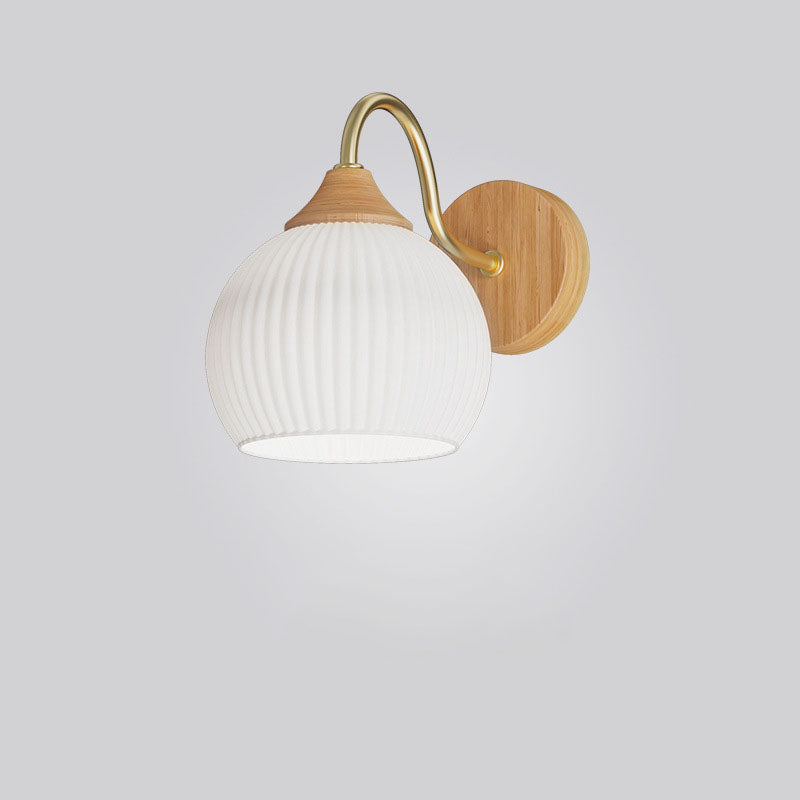 Contemporary Nordic Iron Glass Striped Round Log Wood 1-Light Wall Sconce Lamp For Living Room & Bedroom