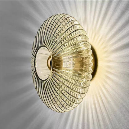 Contemporary Nordic Iron Striped Glass Round Disc 1-Light Wall Sconce Lamp for Living Room