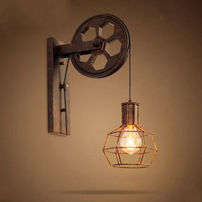 Traditional Vintage Pulley Iron Wood 1-Light Wall Sconce Lamp
