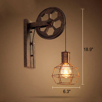 Traditional Vintage Pulley Iron Wood 1-Light Wall Sconce Lamp