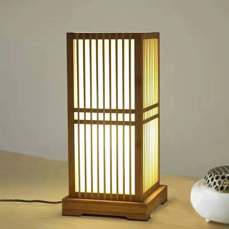 Traditional Japanese Square Bamboo Column 1-Light Table Lamp For Bedroom