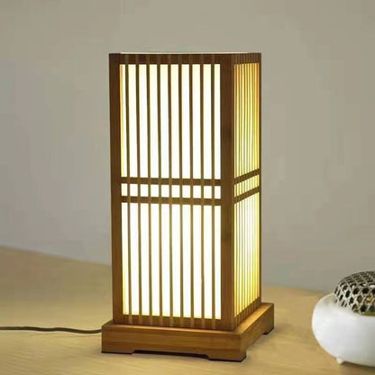 Traditional Japanese Square Bamboo Column 1-Light Table Lamp For Bedroom