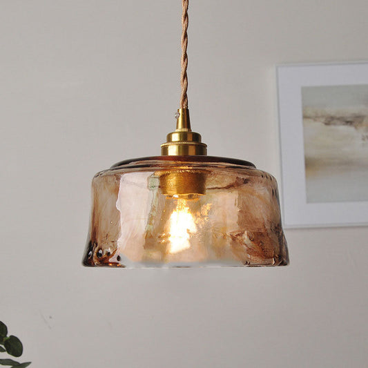 Traditional Vintage Amber Drum Round Glass Brass 1-Light Pendant Light For Living Room