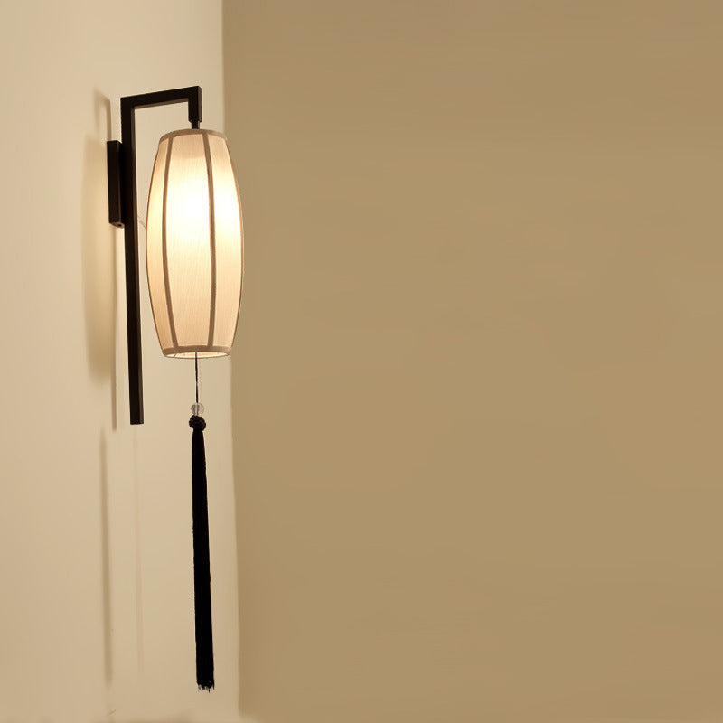 Traditional Chinese Painted Fabric Lantern Tassel 1-Light Wall Sconce Lamp For Hallway