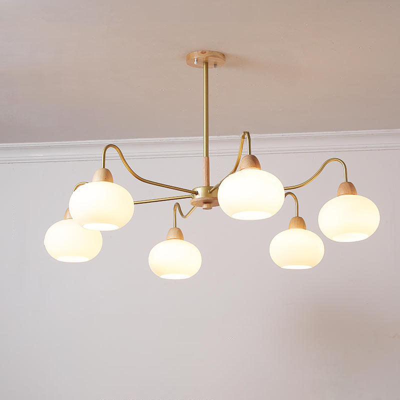 Contemporary Scandinavian Rubberwood Glass Iron Round Curved 3/6/8 Light Chandelier for Living Room
