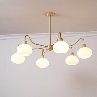 Contemporary Scandinavian Rubberwood Glass Iron Round Curved 3/6/8 Light Chandelier for Living Room