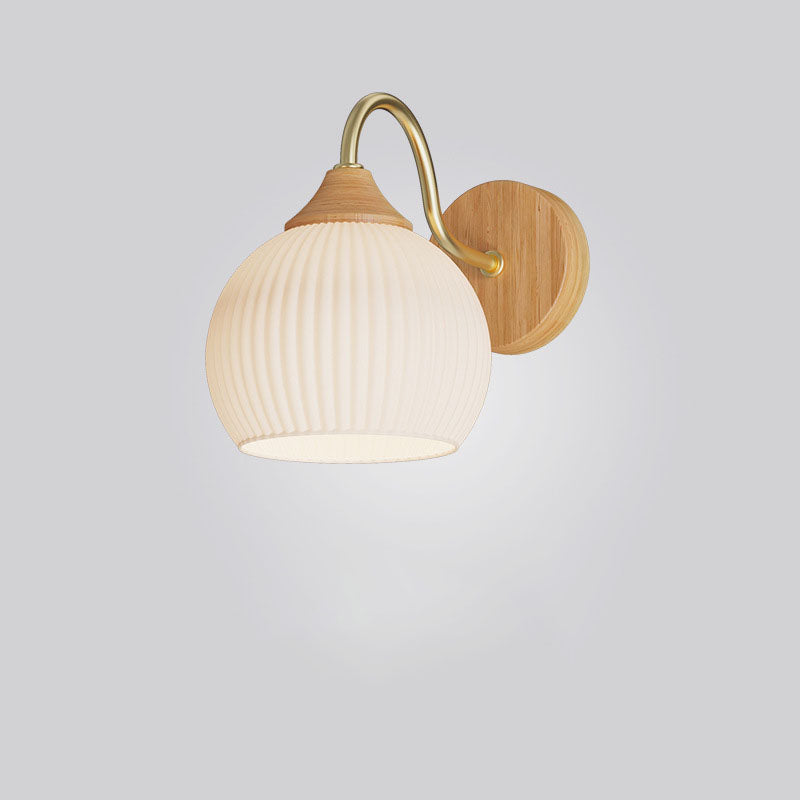 Contemporary Nordic Iron Glass Striped Round Log Wood 1-Light Wall Sconce Lamp For Living Room & Bedroom