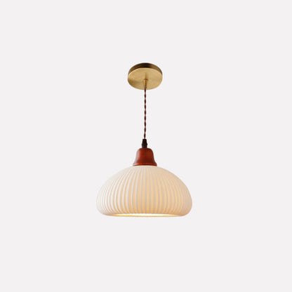 Traditional Japanese Pleated Round Dome Ceramic Solid Wood Iron 1-Light Pendant Light For Living Room & Bedroom