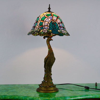 Traditional Tiffany Peacock Gem Dome Glass Resin 1-Light Table Lamp For Living Room & Bedroom