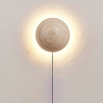 Traditional Japanese Round Yellow Travertine Wabi-Sabi LED Wall Sconce Lamp For Hallway