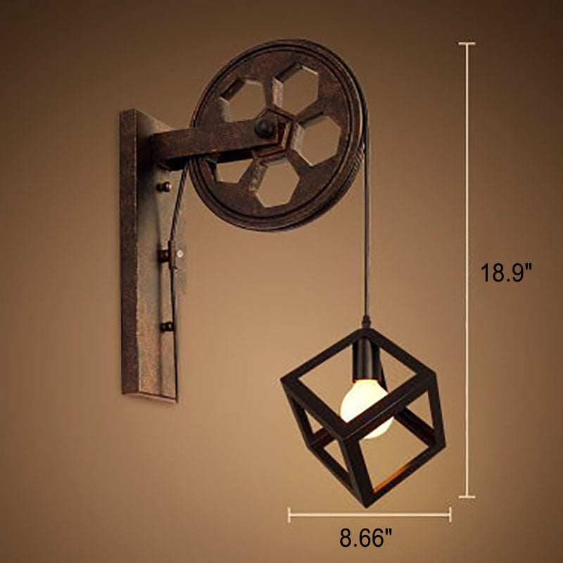 Traditional Vintage Pulley Iron Wood 1-Light Wall Sconce Lamp