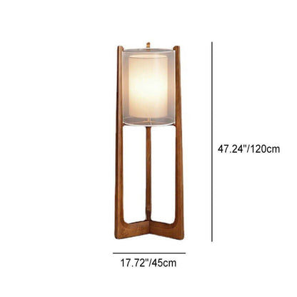 Traditional Japanese Solid Wood Brass Fabric Column 1-Light Standing Floor Lamp For Living Room And Bedroom