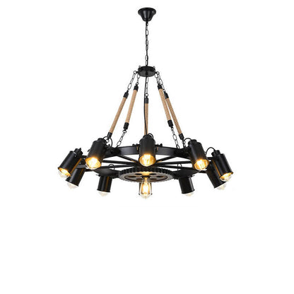 Contemporary Industrial Retro Gear Wrought Ion Hemp Rope 7/9/11-Light Chandelier For Living Room