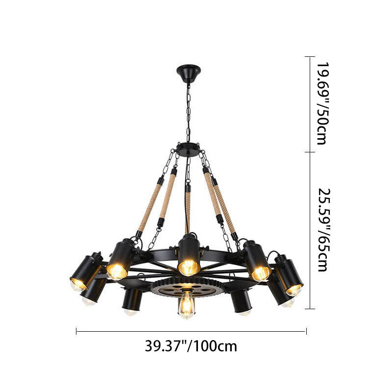 Contemporary Industrial Retro Gear Wrought Ion Hemp Rope 7/9/11-Light Chandelier For Living Room