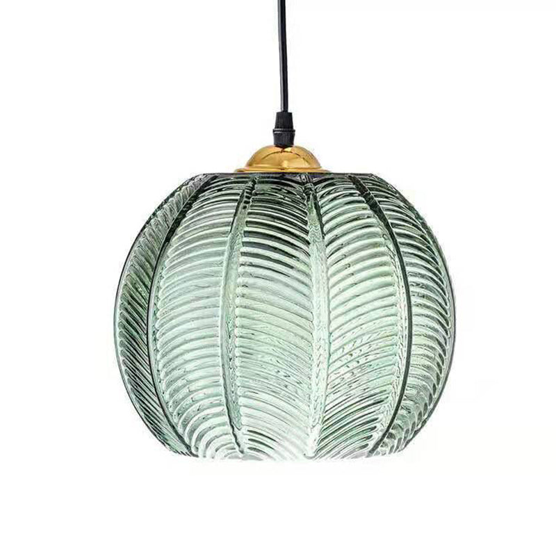 Contemporary Simplicity Green Leaf Patterned Glass Ball Shade 1-Light Pendant Light For Living Room