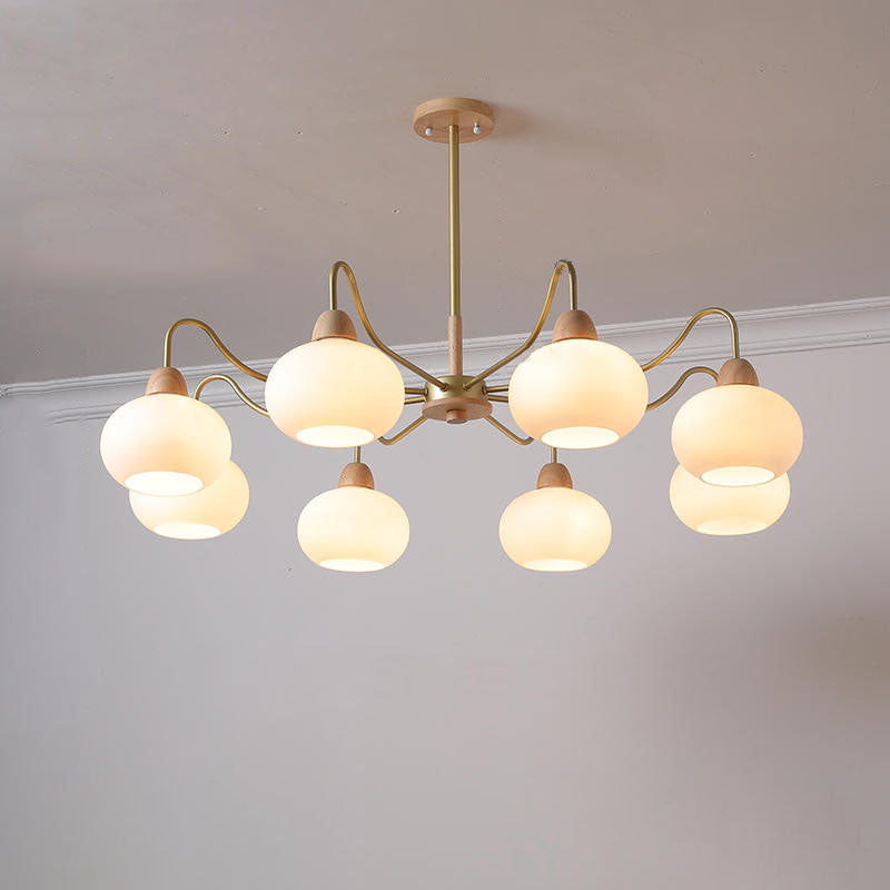 Contemporary Scandinavian Rubberwood Glass Iron Round Curved 3/6/8 Light Chandelier for Living Room