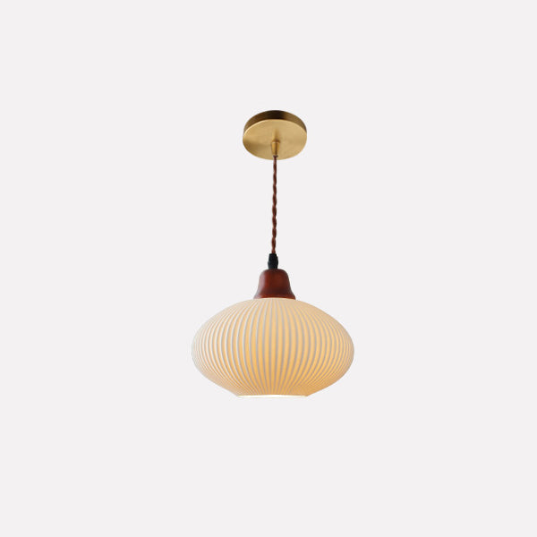 Traditional Japanese Pleated Round Dome Ceramic Solid Wood Iron 1-Light Pendant Light For Living Room & Bedroom