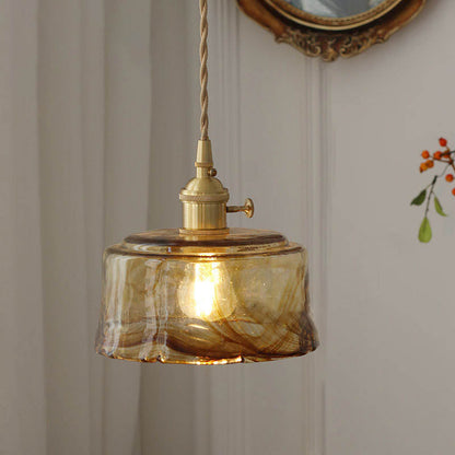 Modern Eclectic Amber Brass Glass Geometric Jar 1-Light Pendant Light For Living Room