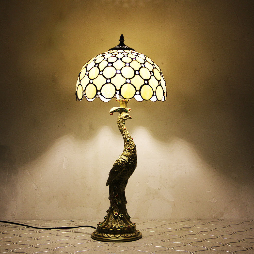Traditional Tiffany Peacock Gem Dome Glass Resin 1-Light Table Lamp For Living Room & Bedroom