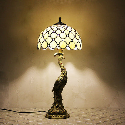Traditional Tiffany Peacock Gem Dome Glass Resin 1-Light Table Lamp For Living Room & Bedroom