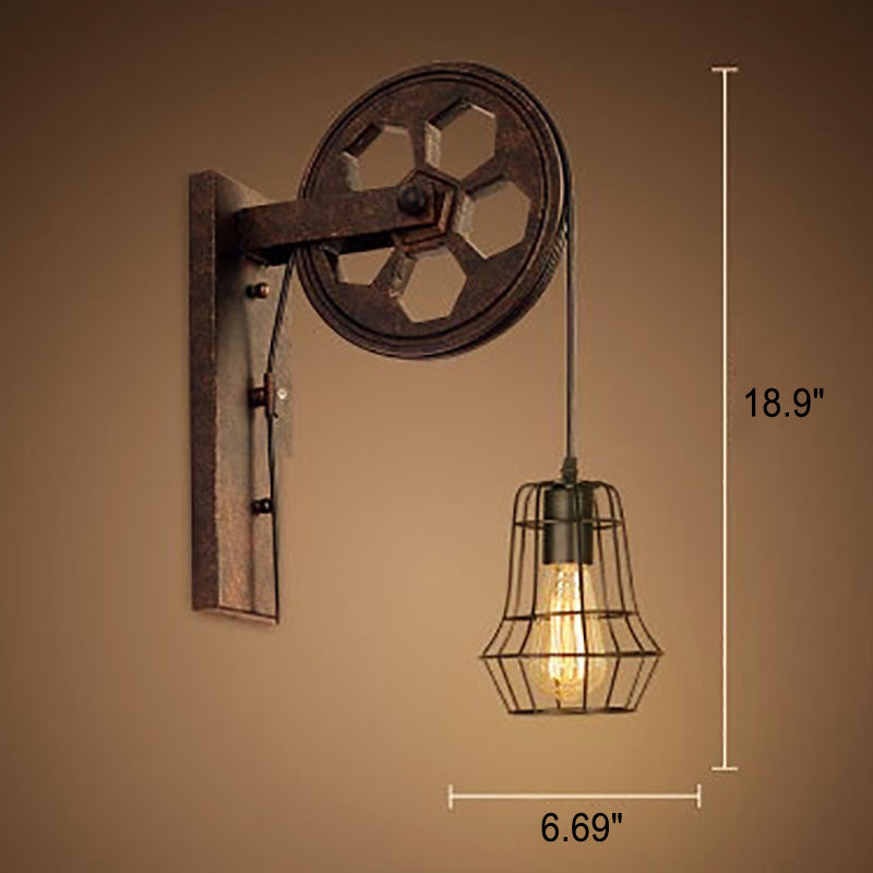 Traditional Vintage Pulley Iron Wood 1-Light Wall Sconce Lamp