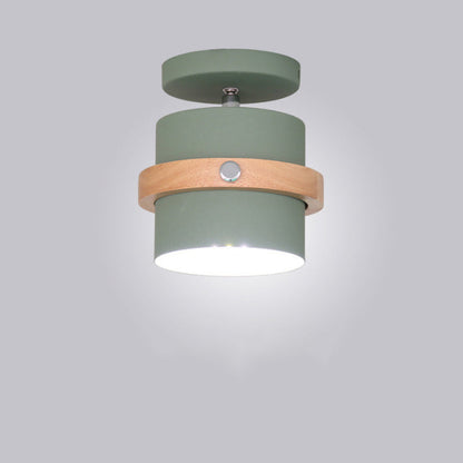 Contemporary Nordic Round Cylinder Iron Solid Wood 1-Light Semi-Flush Mount Ceiling Light For Hallway