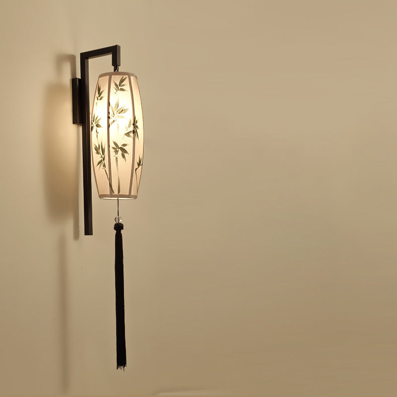 Traditional Chinese Painted Fabric Lantern Tassel 1-Light Wall Sconce Lamp For Hallway