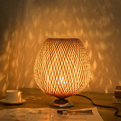 Traditional Chinese Moso Bamboo Wood Iron Weaving Oval Round 1-Light Table Lamp For Bedroom